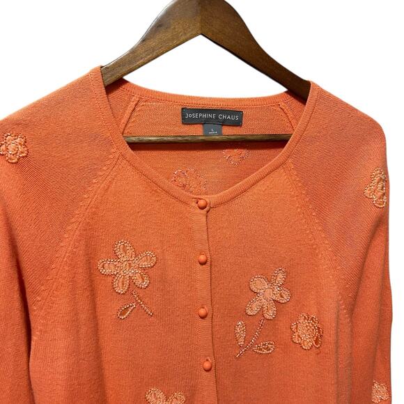 Y2K VTG Josephine Chaus Women Beaded Flower Cardigan L Peach Cottagecore Boho - Picture 10 of 10
